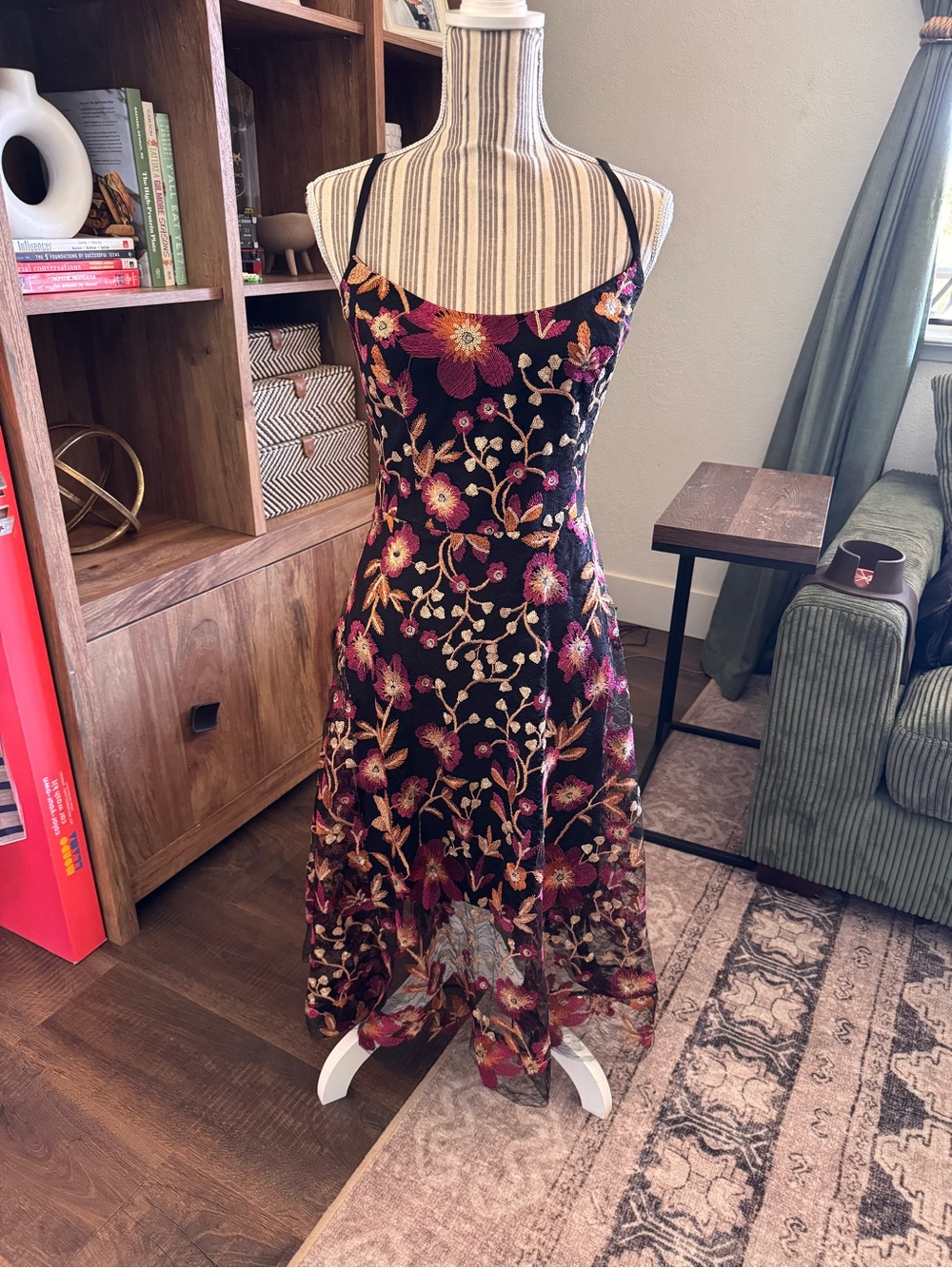 Dress the Population Black Floral Embroidered Midi Slip Dress